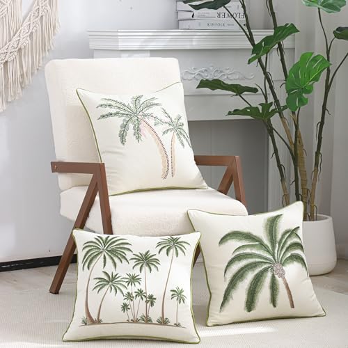 Embroidered Throw Pillow Covers 18x18 Pack of 2 Green and Pink - color: Green Pink Coconut Trees