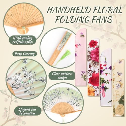 Zonon 4 Pack Hand Held Folding Fans for Women Silk,Forest Flowers - style: Forest Flowers