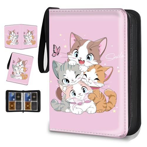 4 Pocket Trading Card Binder, Holds 400 Cards, Zipper Binder - color: Cute four kittens