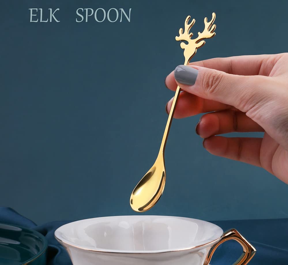 10 Pieces Gold Plated Stainless Steel Mini Coffee Espresso Spoon, Elk shaped spoon Dessert Teaspoons Small Soup Spoons 5.5 inch Specialty Demitasse Stirring Spoons - size: Gold 10 Pack
