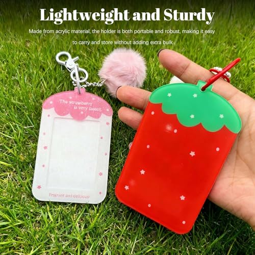 Strawberry Photocard Holder Keychain - Acrylic Photo Protector with Clear Protective Sleeves, Portable Badge Cover for Bus Card, Student ID (White) - color: White