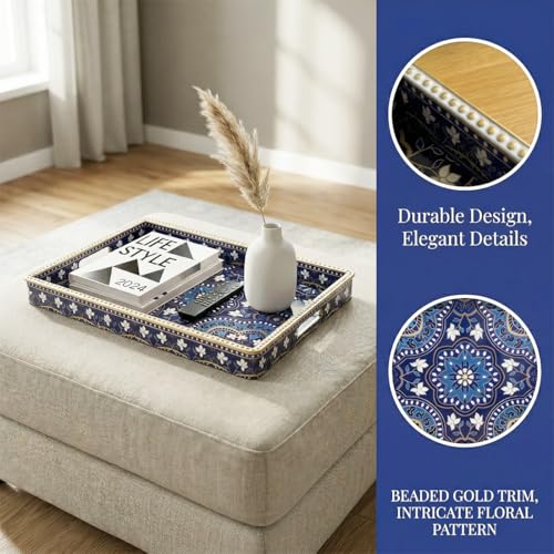 Boho Serving Tray with Handles, Large Rectangular Decorative Ottoman Tray with Gold Beaded Rim, Blue Floral Mandala Design, for Coffee Table, Kitchen Counter, Vanity, 15.7”x11.8” - color: Blue&floral