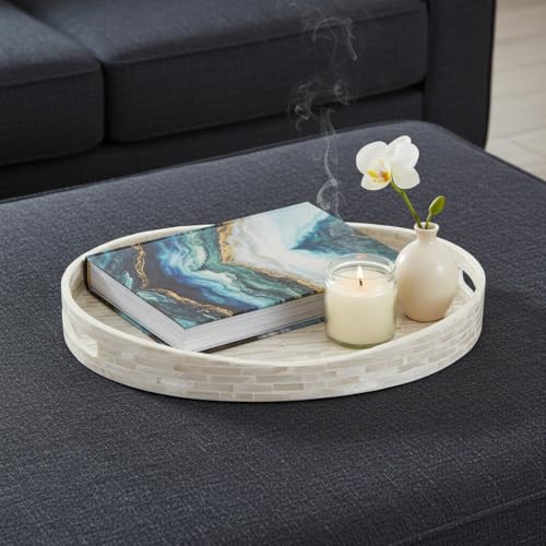 PEMAR 15.7"x11.8" Oval Mother of Pearl Serving Tray, Decorative Ottoman Tray for Living Room, Coffee Table, Breakfast in Bed, Candle Display (White Cream) - color: White Cream