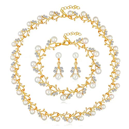 Pearl Bride Wedding Jewelry Set Faux Pearls Crystal Rhinestone Necklace Earrings Bracelet Sets for Women Bridesmaid(3 PCS) - color: Gold - Pearl