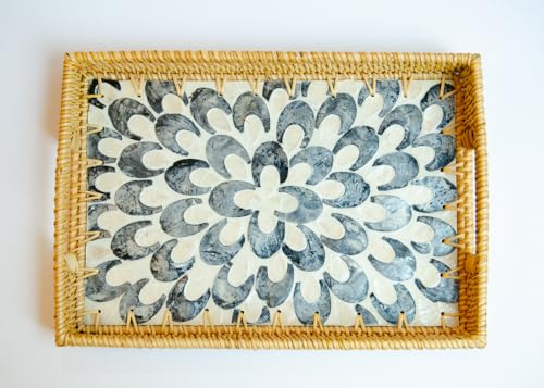 Magenta & Teal Decorative Rectangle Rattan Serving Tray 13x9 inch Mother of Pearl Inlay, Wicker Coffee Table Decor, Farmhouse (Blue Tan Flower) - color: Blue Tan Flower