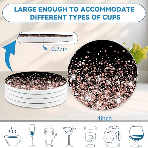 Drinks Coasters Set of 4, Sparkling Rose Gold Glitter Round 4" Cup Coasters, Absorbent Ceramic Stone Coasters with Cork Base, Cute Coasters for Table Home Décor, Ideal Gifts for Women Men - color: Glitter
