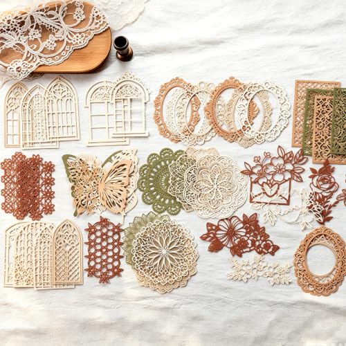 60PCS Vintage Lace Hollow Out Scrapbook Paper - 6 Assorted Themes Retro Decorative Craft Paper for Junk Journal, DIY Crafts, Scrapbooking, Card Making & Holiday Decor - color: Multicolor 17