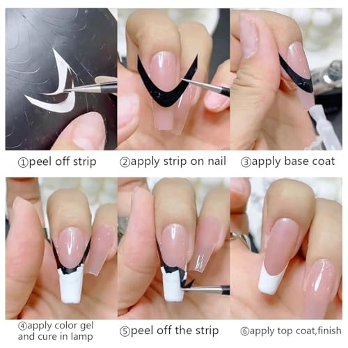 A Set of 6 Styles Black French Manicure Nail Art Stickers,French Manicure Strips Art Stickers Self-Adhesive Guides Art Stencil Tools for Designs,Nail Art Accessories