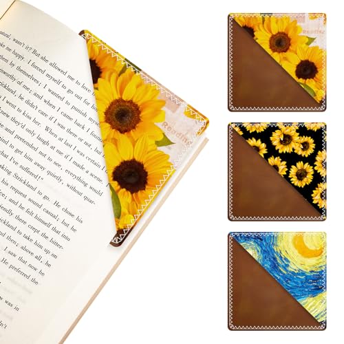 3 Pieces Leather Bookmarks, Personalized & Cute Book Accessories for Reading Lovers, Page Markers for Women Men Girls Boys Student Teacher Kids Retirement Birthday Gifts (Sunflower, Starry Sky) - color: Sunflower, Starry Sky