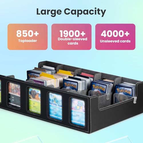 Trading Card Storage Box with Commander Display, 5-Row Deck Case with Removable Lid & Handle, 4000+ Card Organizer with 48 Colorful Dividers & 5 Stoppers for MTG, Black & Grey - color: Black & Grey, size: 4000+, with Handle