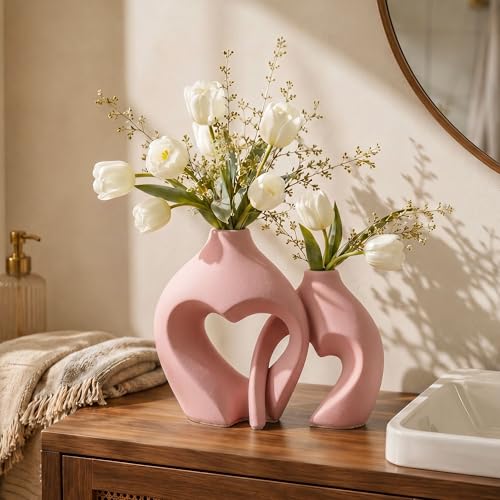 Ceramic Flower Vases Table Decor Heart Shaped Vase Set of 2 Pink - color: Pink