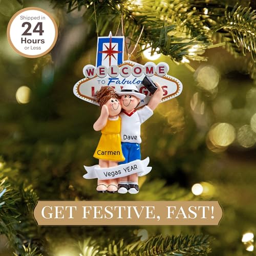 Personalized Las Vegas Ornament 2026 for Honeymooners, Vacation Souvenir - color: Yellow & White Las Vegas