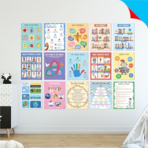 15 Bible Posters for kids, Thick Books of the Bible Poster Waterproof & Tear Proof with PET Film, Religious Poster Sunday School Christian Decoration for Classroom, Bulletin Board (14.5” x 11”, Retro) - size: Bible Posters (14.5” x 11”) -B