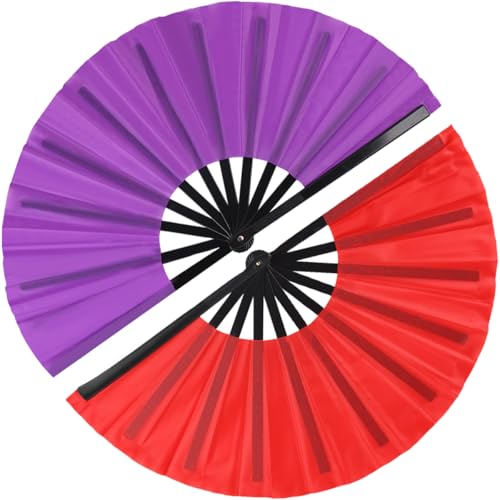 2 Pack Large Folding Hand Fan for Line Dance, Vintage Retro Fabric Popping Fans, Chinese Kung Fu Tai Chi Hand Fan for Festival, Dance, Gift, Performance, Decorations (Red&Purple) - color: Red&Purple
