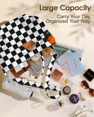 Miss Adola Corduroy Crossbody Tote Bag for Women - color: Black and White Checkerboard