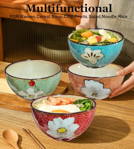 Ceramic Cereal Bowl Set of 4 for Kitchen - 28oz Ramen Bowls for Soup, Oatmeal, Salad, Pasta - Floral Patterns Retro Bowls for Breakfast, Dinner - Dishwasher, Oven and Microwave Safe