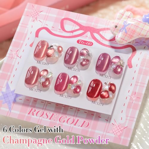 Double Rhythm Cat Eye Gel Nail Polish Set of 6 Same Color Same Bottle 0.5 Oz Shimmer Glitter with Magnet Holographic Reflective Magnetic UV Nail Polish Kit at Home (Golden Rose Pink-T6-60) - color: Golden Rose