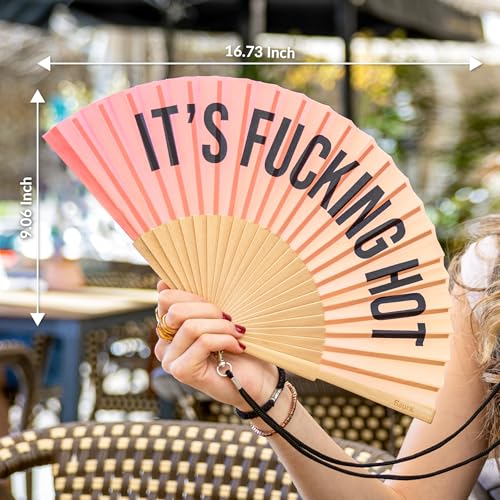 Fisura – Original gradient folding fan with message F*cking hot, wooden handheld fan for women, includes fan hanger, perfect for wedding, party, travel or gift - color: Hot, Gradient