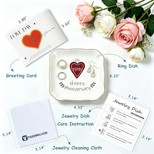 Aniversario Gifts for Men, Women & Couples - Romantic Gifts for Him, Her 15th Anniversary Jewelry Dish for Wife, Crystal Anniv. Gift, Ceramic Ring Dish, Happy 15th Anniversary Jewelry Tray - style: 15th Anniversary