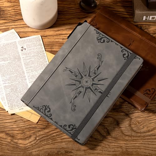 CAGIE Compass Leather Journal for Men, A5 Lined Notebook Writing Gift - color: Gray