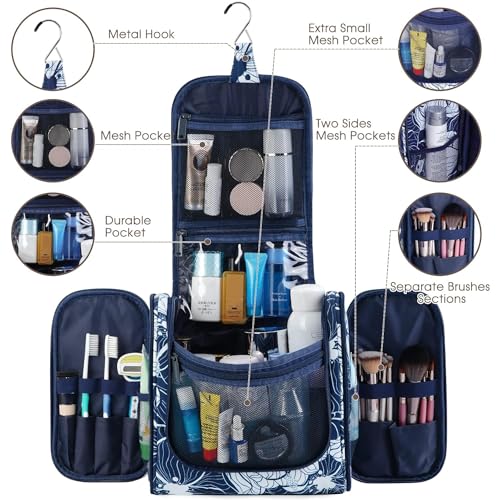 Narwey Large Hanging Travel Toiletry Bag for Women, Makeup Cosmetic Bag - color: B-Blue Lotus, size: Large