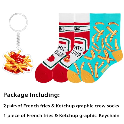 2 Pairs Cartoon Animal Crew Socks Fun Cotton Mid Calf Socks for Women - color: French Fries & Ketchup