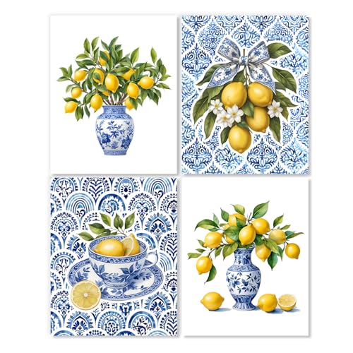 LUKIPOM Chinoiserie Lemon Wall Art Posters Set of 4, Grandmillennial Home Decor, Blue and White Floral Porcelain Lemon Tree Canvas Prints Artwork for Kitchen Wall Decor, 8x10 Unframed - color: Color 013