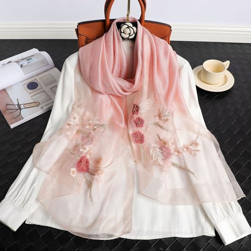 Jeelow Long Silk Blend Embroidered Floral Shawl Scarf Wrap for Women - color: Pink Embroidery