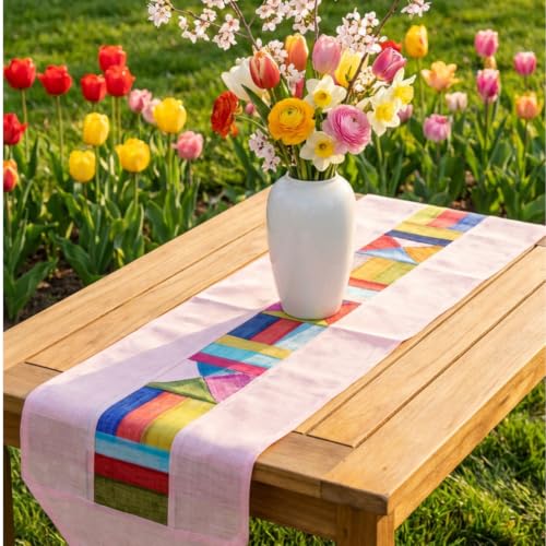 Korean Table Runner, Ramie Bojagi Patchwork, Pastel Pink, 79 in - color: Pastel Pink