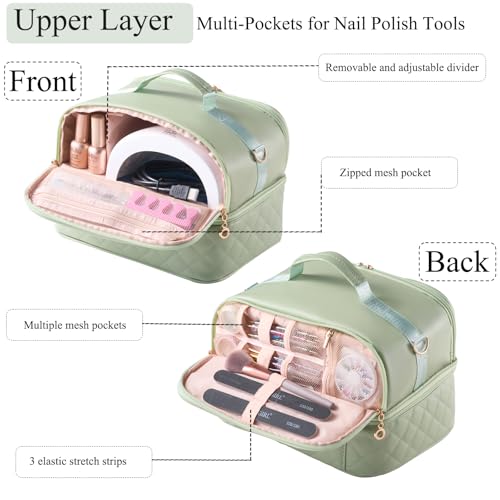 CTWWFS Nail Polish Organizer Holds 35 Bottles & Nail Lamp, Nail Organizers and Storage, Double Layer Nail Bag with Handle & Shoulder Strap for Travel, Nail Supplies Organizer for Manicure Kit (Green) - color: Green (35Bottles）