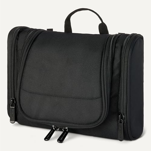 Amazon Essentials Spacious Toiletry Bag, Hanging Cosmetic Dopp Kit with Multiple Compartments, Durable Polyester, Large Capacity Storage, Compact Design, Black (Previously Amazon Basics)