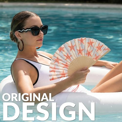 Fisura – Original Folding Fan with Starfish Print. Colorful Wooden Folding Fan in Blue and Pink with Strap Included. Fun Gift idea for Travel Beach Days or Summer Events. 16.7 x 9 in. - color: Starfish, Coral
