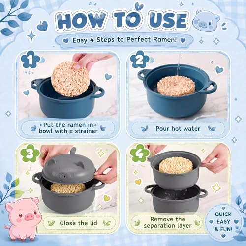 2 Sets 45oz Cute Pig Ramen Bowl Set Microwavable, Dark Blue, Gray - color: Dark Blue,Gray