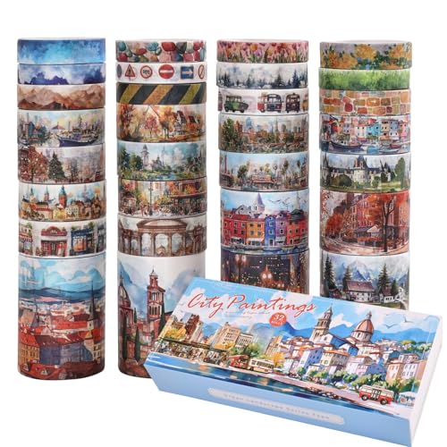 32 Rolls Vintage Washi Tape Set, European Cityscapes with Architectures & Scenery, Writable Decorative Tapes for Scrapbooking, Junk Journal Bullet Journal Supplies 8-50mm Wide, Artistic Adhesive Tape - style: Urban landscape