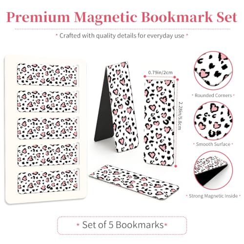 5 Pieces Magnetic Bookmarks, Cute Magnet Bookmark Clips, Colorful Page Markers for Books, Reading Supplies for Book Lovers, Women and Men Cute Pink Heart Leopard - color: Cute Pink Heart Leopard