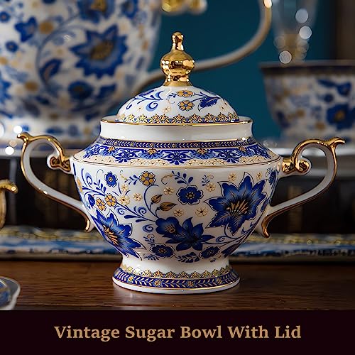 ACMLIFE Tea Set for Adults, Vintage Tea Sets, Bone China Tea Set, Tea Cup Set Porcelain Tea Set for 6, Floral Tea Cup Set With Teapot, 21 Pieces Tea Party Sets for Women Gift，Mother's Day (Blue) - color: Blue