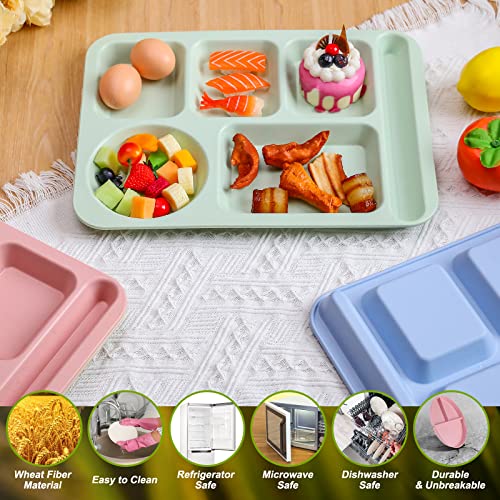 Pinkunn 12 Pcs 14'' Large Divided Plates Unbreakable Wheat Straw Lunch Trays 6 Compartments Cafeteria Trays Microwave Dishwasher Safe Food Separator Plates (Beige, Blue, Green, Pink) - color: Beige, Blue, Green, Pink