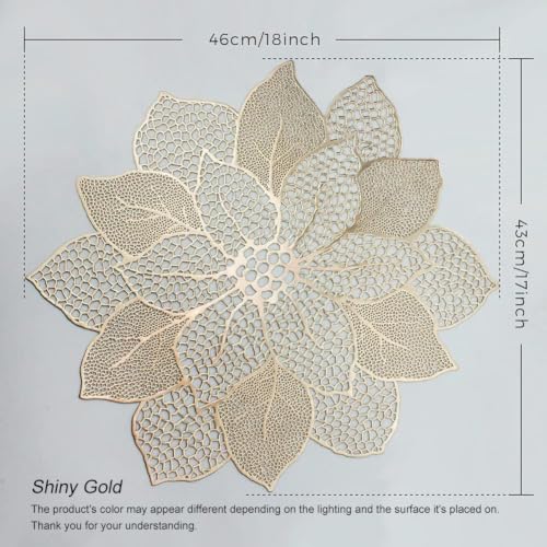 Gold Round Placemats for Dining Table Set of 6 Pressed Vinyl Metallic - color: A5/Hibiscus/Gold