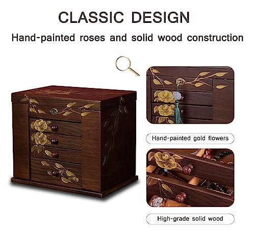 Wooden Jewelry Box for Women, 5-Layer Large Lock with Drawers - color: Brown（L）