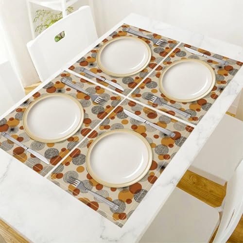 Abstract Geometric Place Mats, Modern Hand-Drawn Doodle Circles Seamless Pattern, Polyester Linen Placemats Set of 4, Durable Water-Resistant Table Mats for Kitchen Dining Room Party 12"x18" - color: Brown Geometric, size: 12x18"Placemats x4