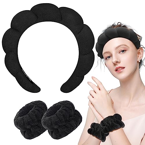 Zkptops Spa Headbands for Women Face Washing Wristband Sponge Makeup,Black - color: Black
