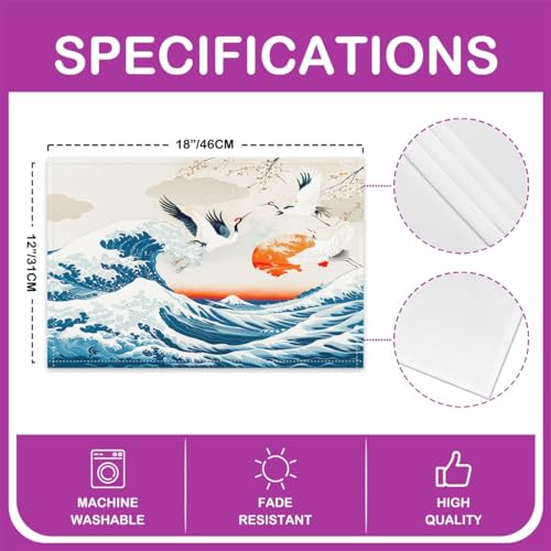 Feelyou Japanese Wave Placemats Set of 4 Crane Cherry Blossoms Placemat for Kitchen Dining Table 18"x12" Red Sun Hokusai Pattern Table Place Mats Japanese Style Indoor Outdoor Decor Table Mats - color: Blue and Red