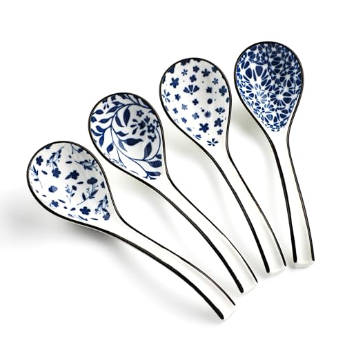 Ceramic Asian Soup Spoons Set 4 Chinese Soup Spoon, 6.3 Inch Ramen Spoons