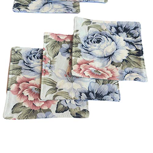 CUSHYSTORE 2 Layers Coasters Saucers Canvas Floral Botanical Fabric 4", 6 Pack - Blue Rose Garden - color: Blue Rose Garden