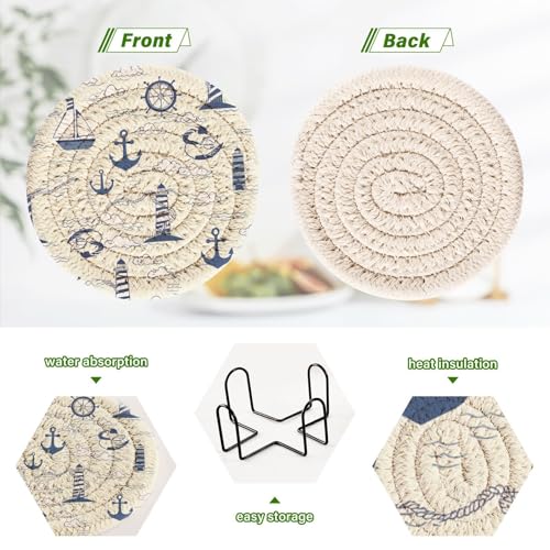 Nautical Lighthouses Drink Coasters Set - 6 Pcs Minimalist Woven Coasters with Holder for Home Decor, 3.94 Inch Absorbent Coasters for Drinks - color: I278