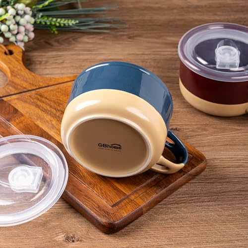GBhome Ceramic Soup Mugs with Handles and Lids,24 OZ Soup Cups Set of 2 - color: Blue&Red