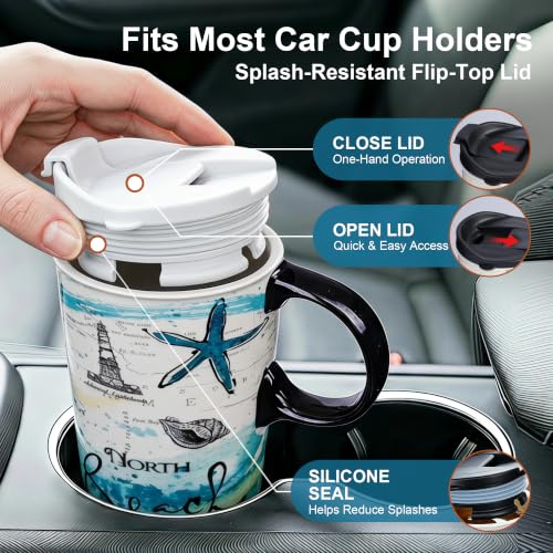 Topadorn 17oz Ceramic Travel Coffee Mug with Lid, Microwave Safe Tea Cup - color: North Beach