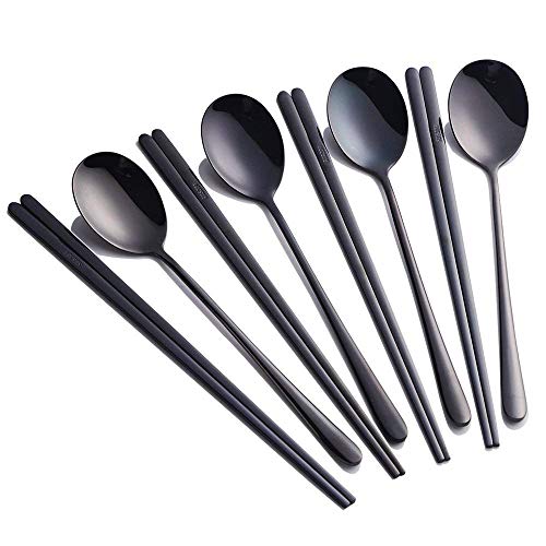 Buyer Star 4 Set Spoon Chopsticks, Black Reusable Metal Stainless Steel Korean Chopstix Spoon Set - color: black-flat chopstick and spoon