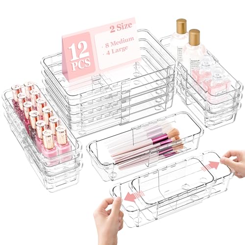 DILIBRA 12 Pcs Clear Extendable Drawer Organizer, Adjustable Drawer Storage - size: 4Pcs Large + 8Pcs Medium