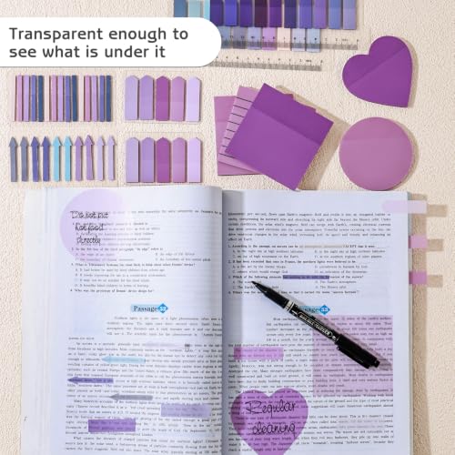 1450 Sheets Transparent Sticky Notes, 3 x 3 inch Aesthetic Clear Lined Sticky Notes with Pen, Gradient Color Waterproof Self-Adhesive Annotation Tabs for Bible Journaling (Purple) - color: Purple
